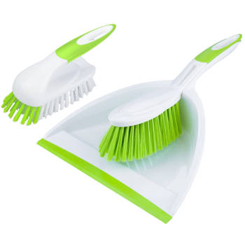 2-Delige schoonmaakset schrobborstel en stoffer en blik groen/wit - Stoffer en blik
