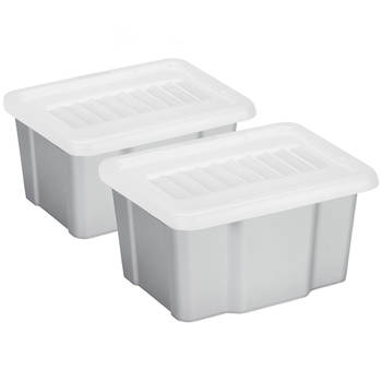 Sunware 2x opslagbox kunststof 24 liter lichtgrijs 42 x 33 x 22 cm met deksel - Opbergbox