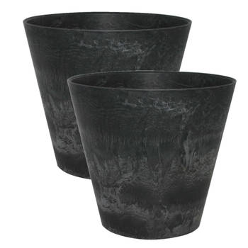 2x stuks plantenpot/bloempot in een natuursteen look Dia 32 cm en Hoogte 29 cm zwart - Plantenpotten