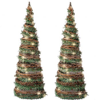 Set van 2x stuks kerstverlichting figuren Led kegels kerstboom rotan kegels 60 cm met 40 lampjes - kerstverlichting figu