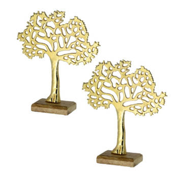 2x Stuks decoratie levensboom van aluminium op houten voet 30 cm goud - Beeldjes