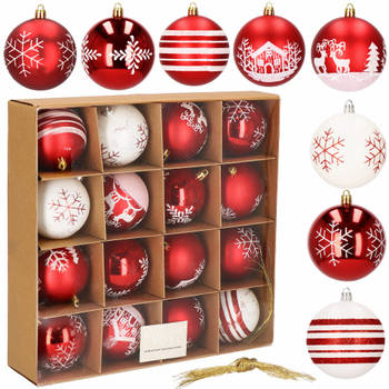 Kerstballen 16 stuks 8 cm Rood/Wit
