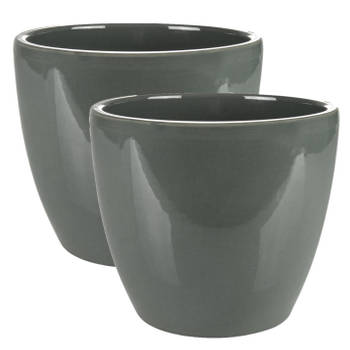 2x stuks plantenpot/bloempot in een strakke Scandinavische look antraciet Dia 16 cm en Hoogte 13 cm - Plantenpotten