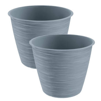 2x stuks stijlvolle kunststof plantenpot/bloempot dia 15 cm/hoogte 12.5 cm Paintstripe steengrijs - Plantenpotten