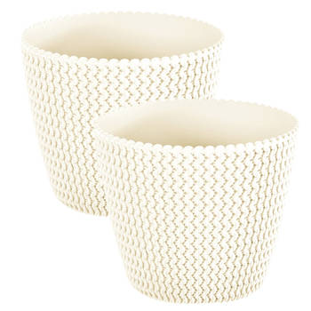 Set van 2x stuks plantenpotten/bloempotten kunststof dia 19 cm en hoogte 16 cm creme wit - Plantenpotten