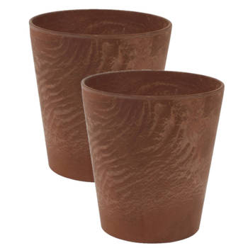 2x stuks plantenpot/bloempot in een natuursteen look Dia 17 cm en Hoogte 15 cm dark terra cotta - Plantenpotten