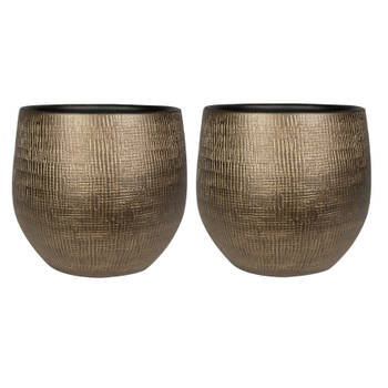 2x stuks plantenpotten/bloempotten in een strakke Modern design look metal goud Dia 36 cm en Hoogte - Plantenpotten