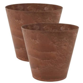 2x stuks plantenpot/bloempot in een natuursteen look Dia 22 cm en Hoogte 20 cm dark terra cotta - Plantenpotten