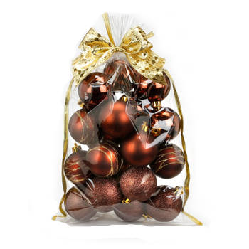 20x stuks kunststof kerstballen bruin mix 6 cm in giftbag - Kerstbal