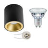 Opbouwspot Set - Pragmi Cliron Pro - GU10 Fitting - Opbouw Rond - Mat Zwart/Goud - Verdiept - Ø90mm - Philips - MASTER