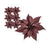 6x stuks decoratie bloemen kerstster donkerrood glitter op clip 18 cm - Kunstbloemen