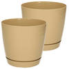 Set van 2x stuks plantenpotten/bloempotten kunststof glanzend bruin/beige dia 15.5 x hoogte 14 cm - Plantenpotten