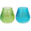 Windlicht geurkaars - 2x - blauw/groen glas - 48 branduren - citrusgeur - geurkaarsen