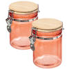 2x stuks voorraadbussen/voorraadpotten 0,75L glas koraal oranje met bamboe deksel en beugelsluiting - Voorraadpot