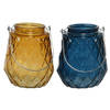 Set van 2x stuks theelichthouders/waxinelichthouders ruitjes glas cognac en donkerblauw 11 x 13 cm - Waxinelichtjeshoude