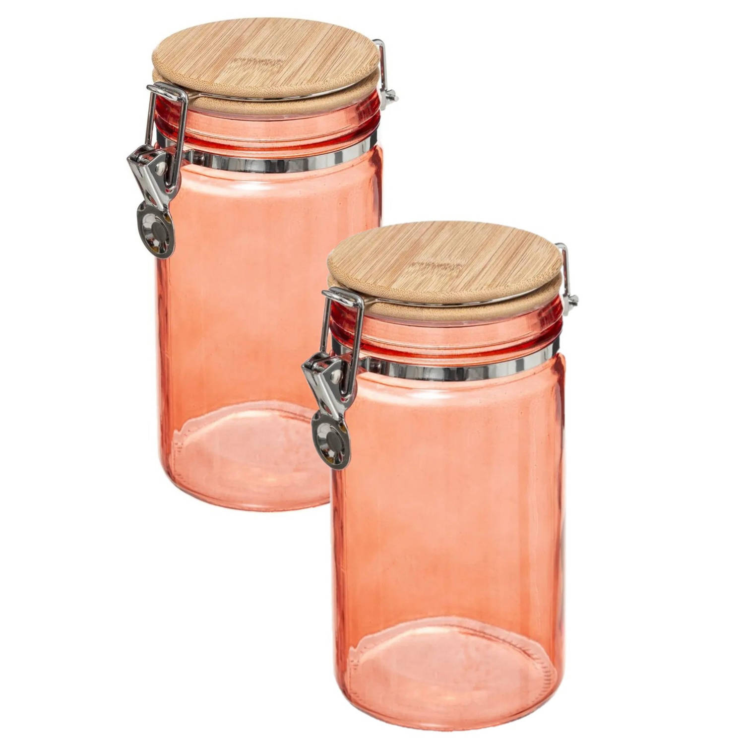 2x stuks voorraadbussen/voorraadpotten 1L glas koraal oranje met bamboe deksel en beugelsluiting - | Blokker