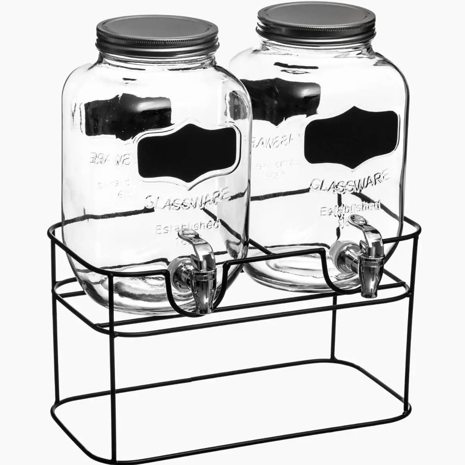 Set Van 2x Stuks Glazen Drank Dispensers 4 Liter In Houder Met Metalen Kraantje En Krijt Sticker Dra