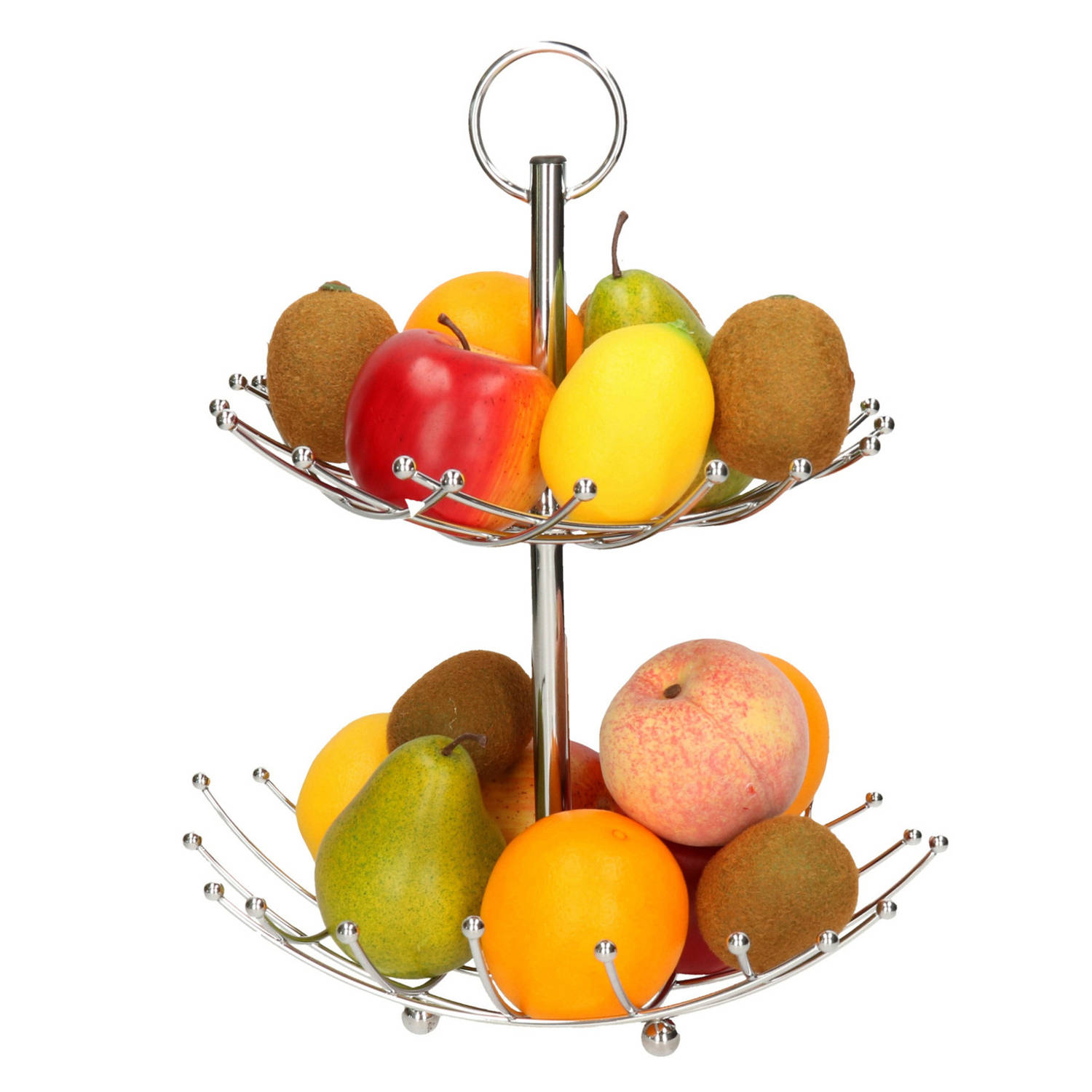 Dubbele Etagere Fruitschaal-fruitmand Rond Zilver Metaal 36 X 40 Cm Fruitschalen