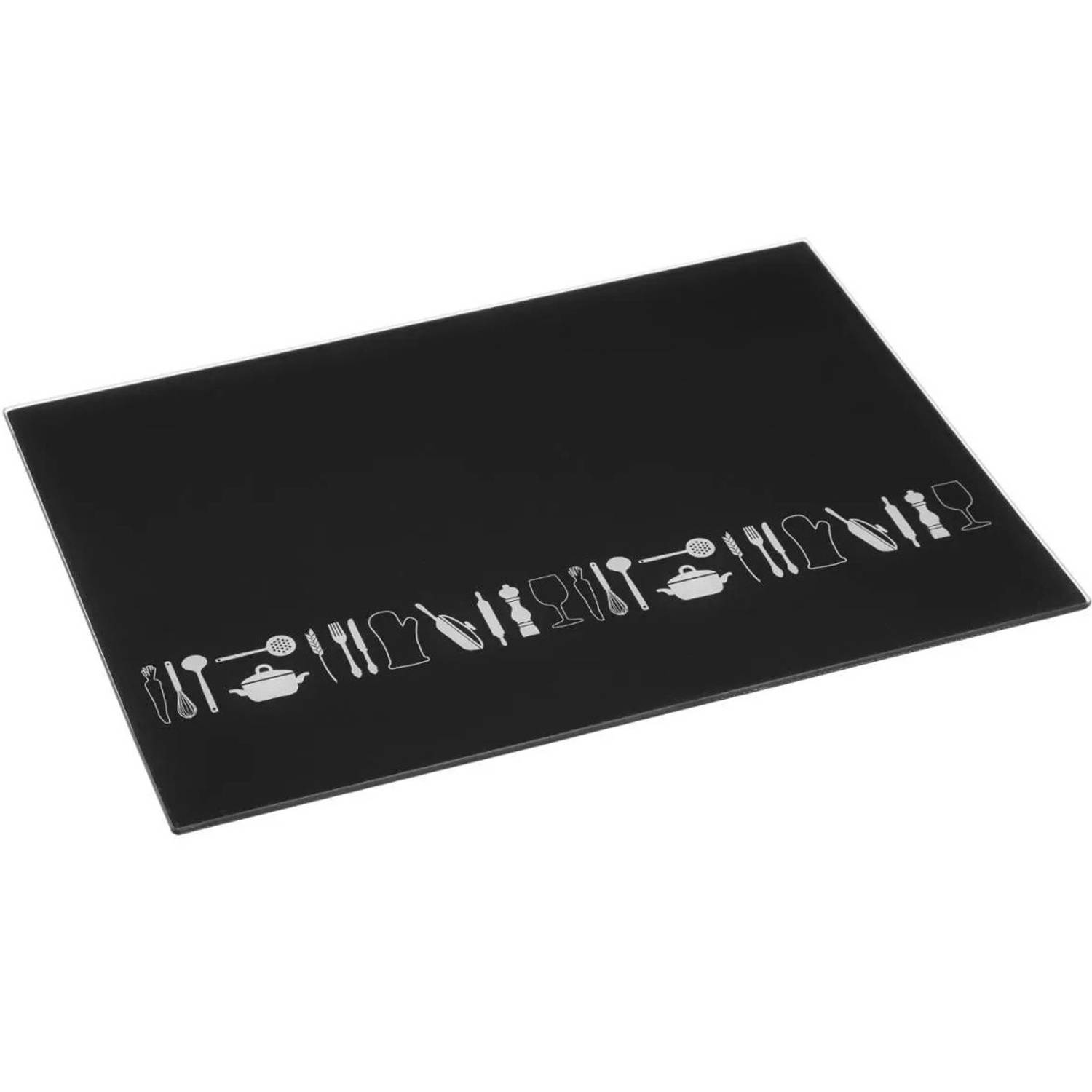 Snijplank rechthoek zwart met print 40 x 30 cm van glas - Serveerplank - Broodplank