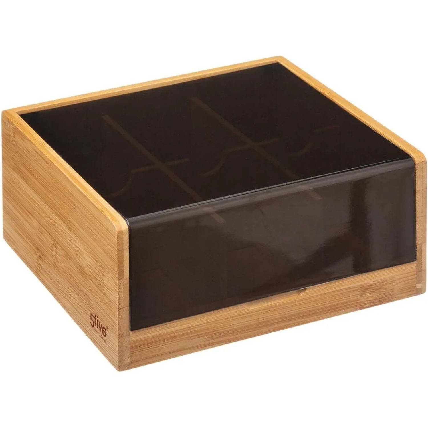 Theedoos/theekist bruin/zwart 6-vaks 22 x 21 cm van bamboe hout - Theedozen