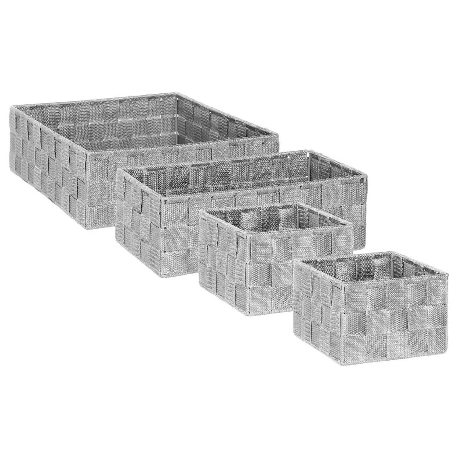 Set van 4x gevlochten opbergmanden vierkant grijs - Kast / badkamer mandjes verschillende formaten
