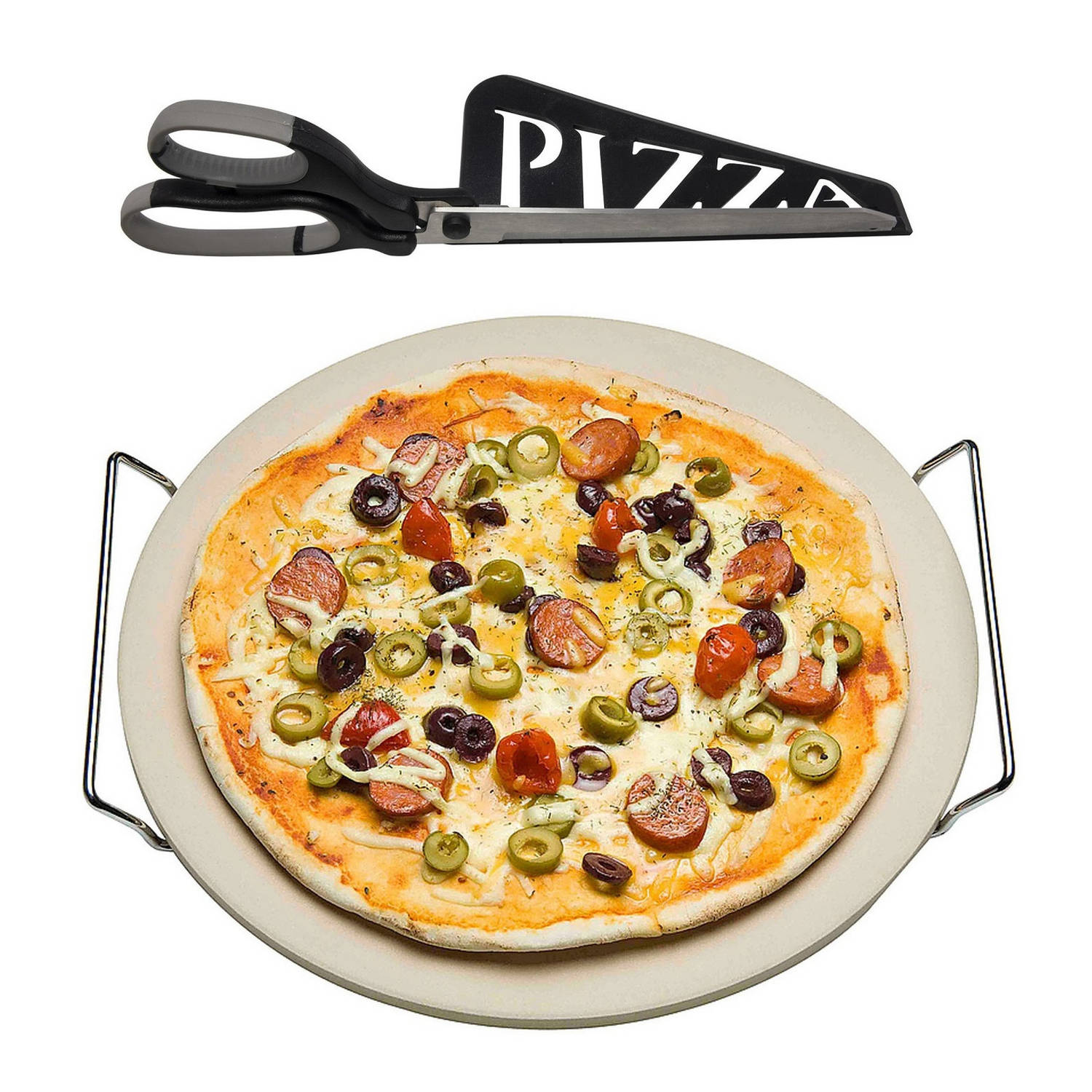 Keramische Pizzasteen Rond 33 Cm Met Handvaten En Zwarte Pizzaschaar Pizzaplaten