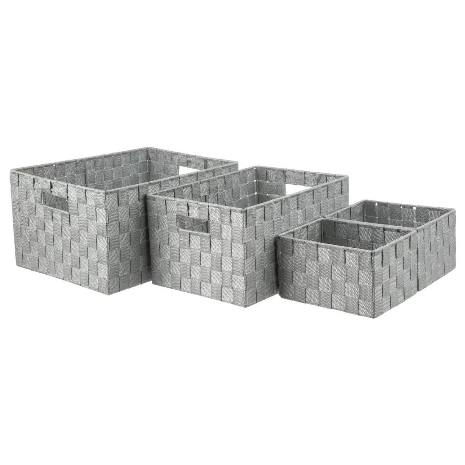 Set van 4x gevlochten opbergmanden polyester grijs - Kast / badkamer mandjes verschillende formaten