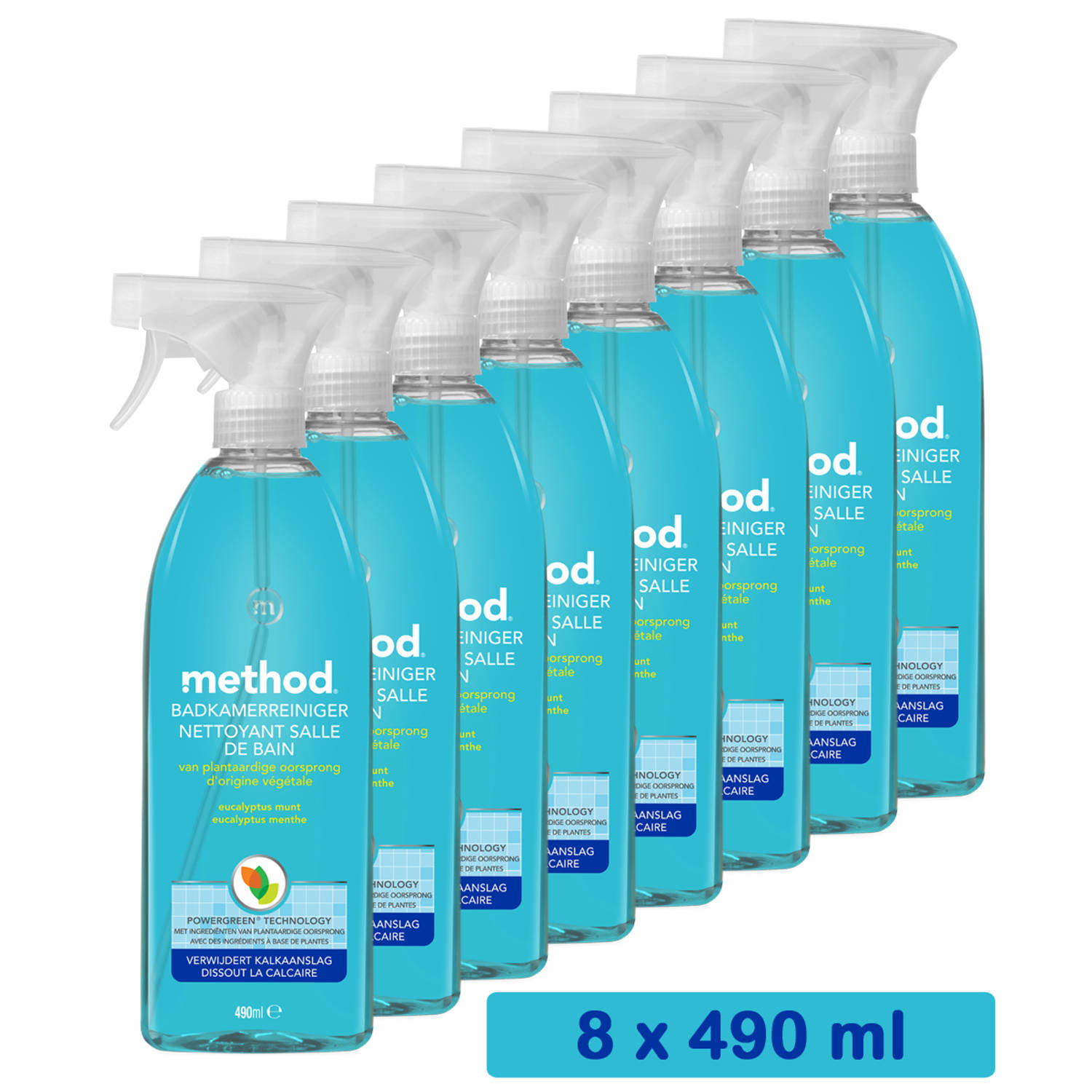 Method - Duurzaam - Badkamerreiniger Spray - Eucalyptus Mint - Verwijdert Kalkaanslag - 8 x 490 ML - Voordeelverpakking