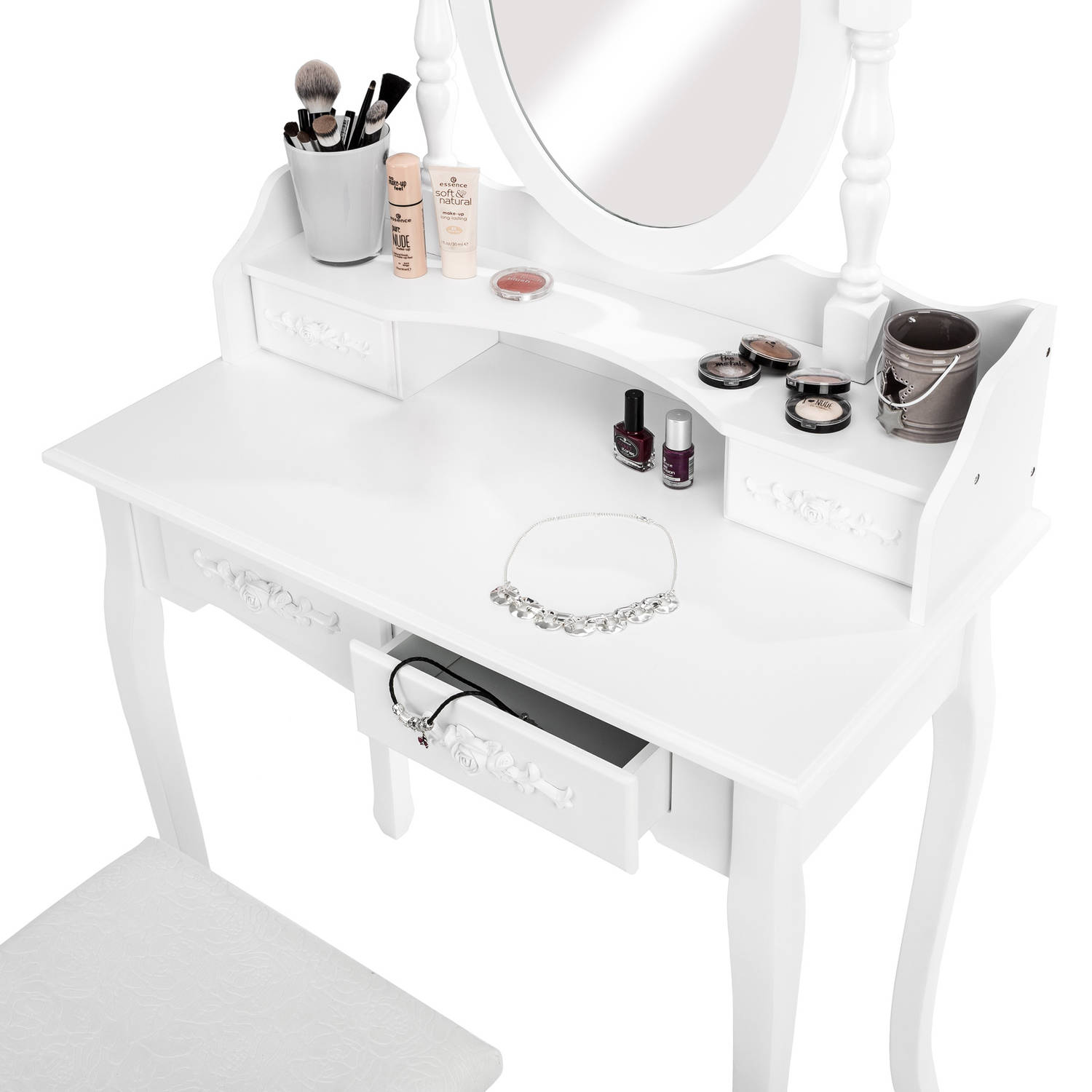 syndroom droom tij tectake Make up tafel/kaptafel met spiegel en krukje - Wit - Hout - 402072  | Blokker