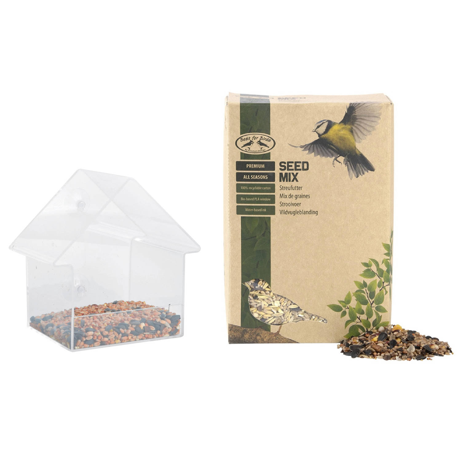 Kunststof vogel raamvoederhuis/voedersilo transparant 15 cm met 2.5 kilo vogelvoer - Vogelvoederhuisjes