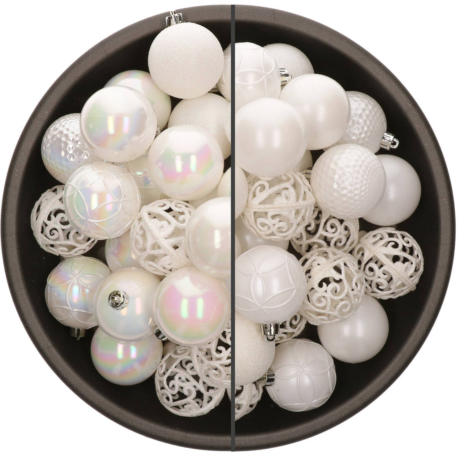 74x stuks kunststof kerstballen mix van parelmoer wit en wit 6 cm - Kerstbal