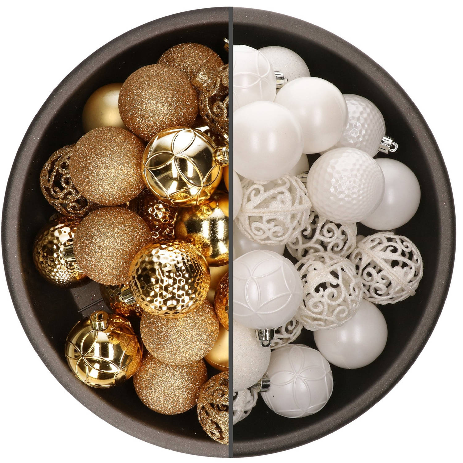 74x stuks kunststof kerstballen mix van goud en wit 6 cm - Kerstbal