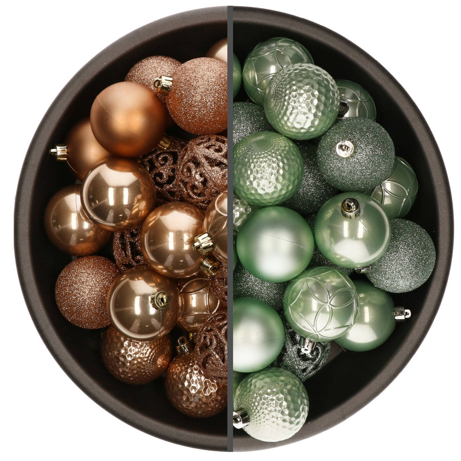 74x stuks kunststof kerstballen mix van mintgroen en camel bruin 6 cm - Kerstbal