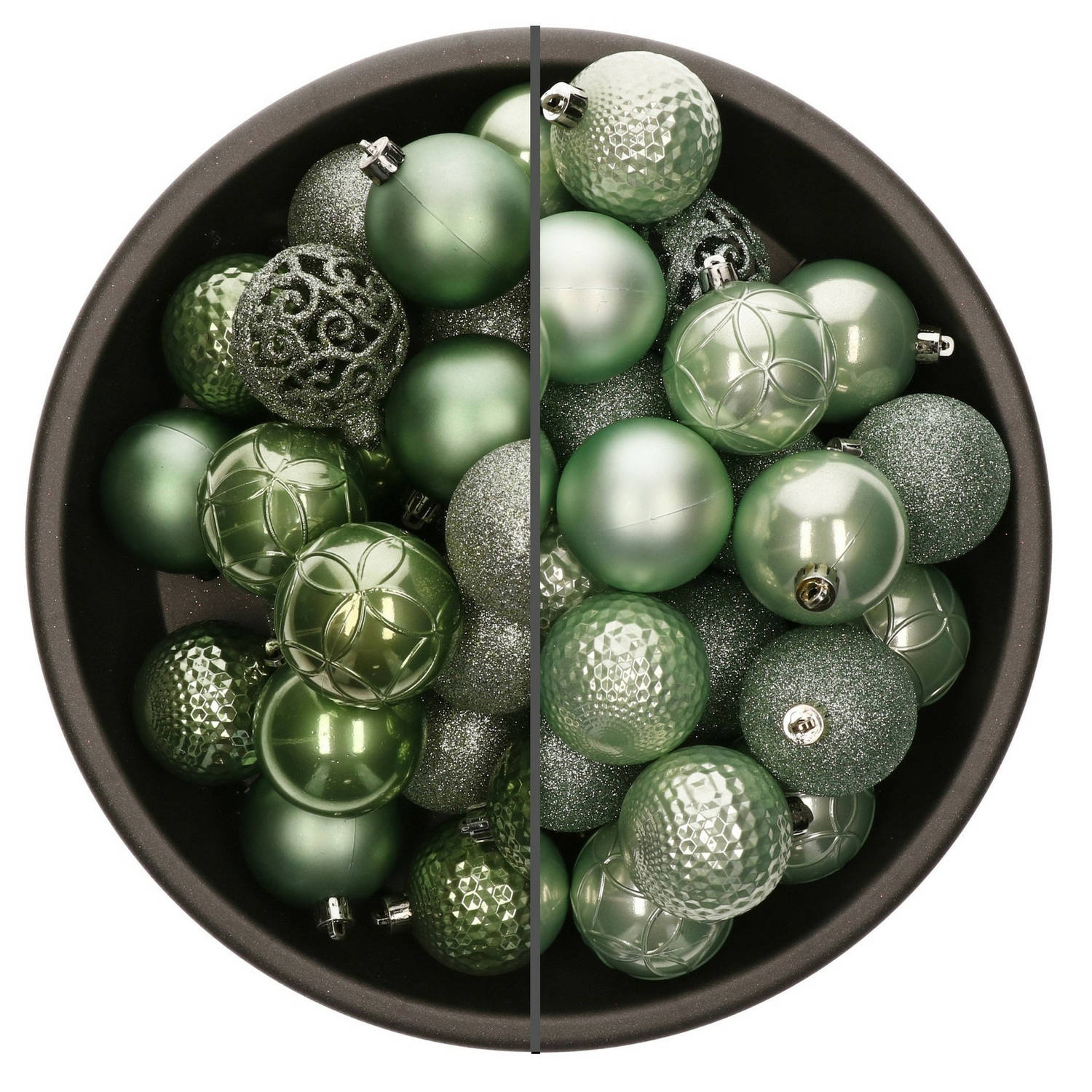 74x stuks kunststof kerstballen mix van salie groen en mintgroen 6 cm - Kerstbal