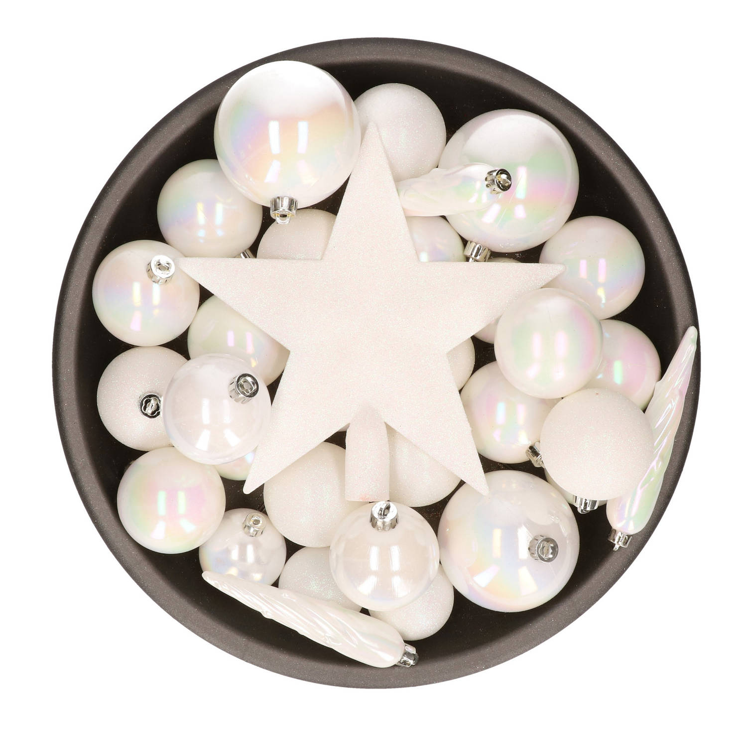 33x stuks kunststof kerstballen met piek 5-6-8 cm parelmoer wit incl. haakjes - Kerstbal