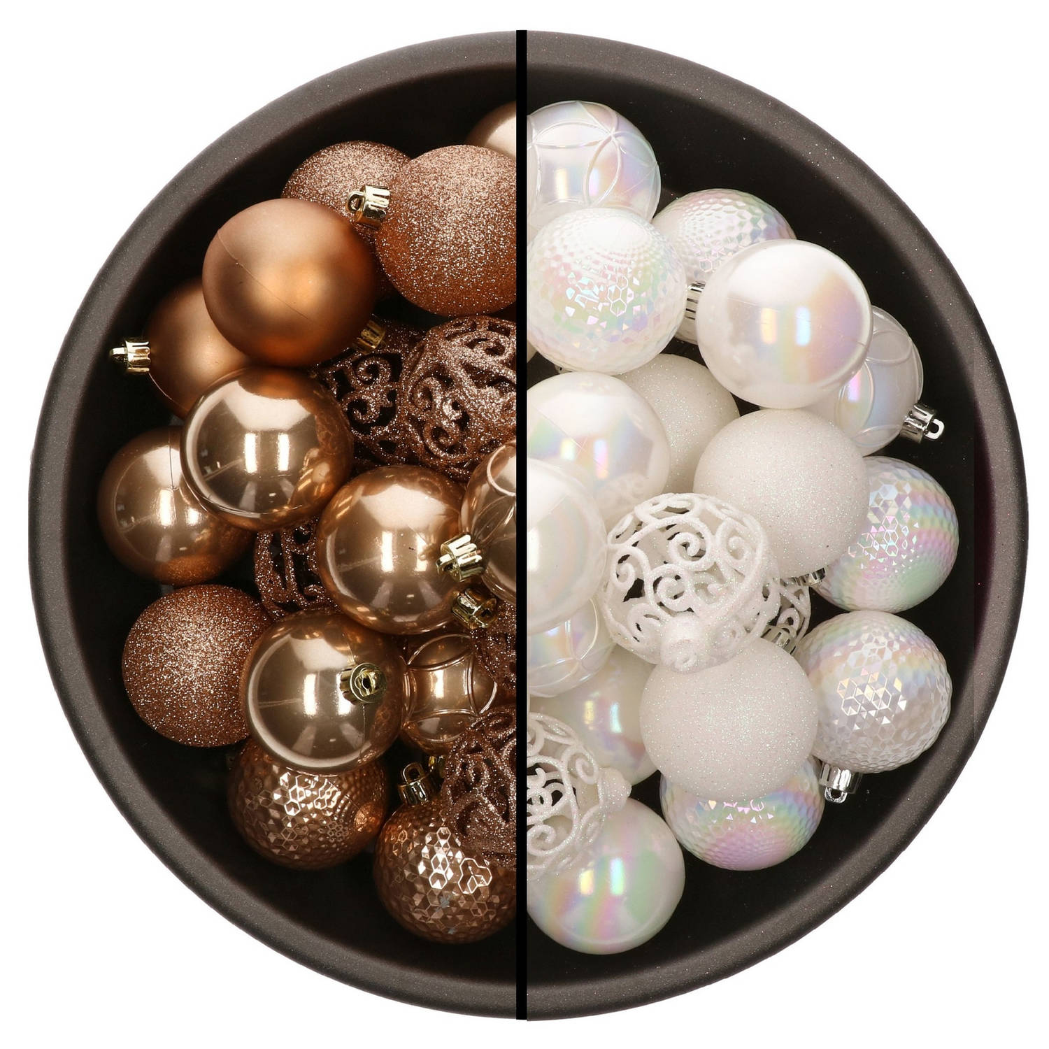 74x stuks kunststof kerstballen mix van camel bruin en parelmoer wit 6 - Kerstbal | Blokker