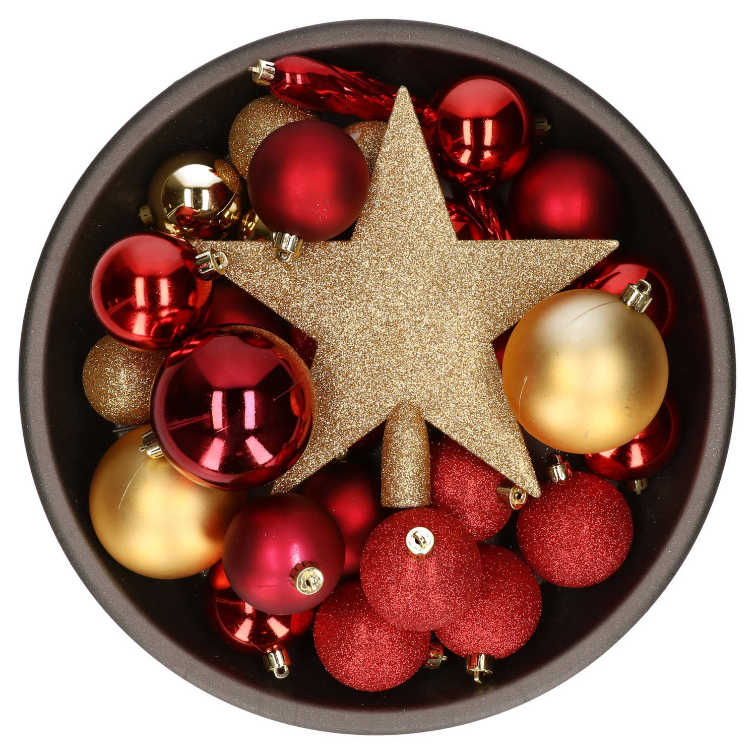 33x stuks kunststof kerstballen met piek 5-6-8 cm rood/goud incl. haakjes - Kerstbal
