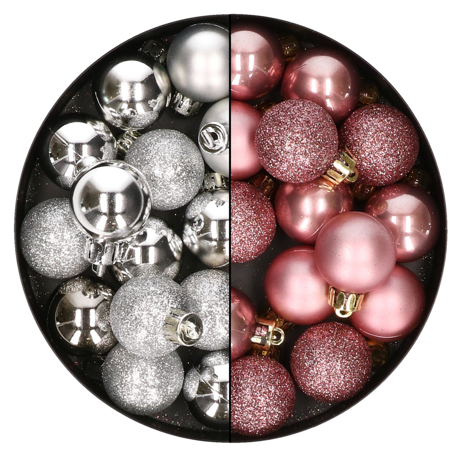 28x Stuks Kleine Kunststof Kerstballen Velvet Roze En Zilver 3 Cm Kerstbal