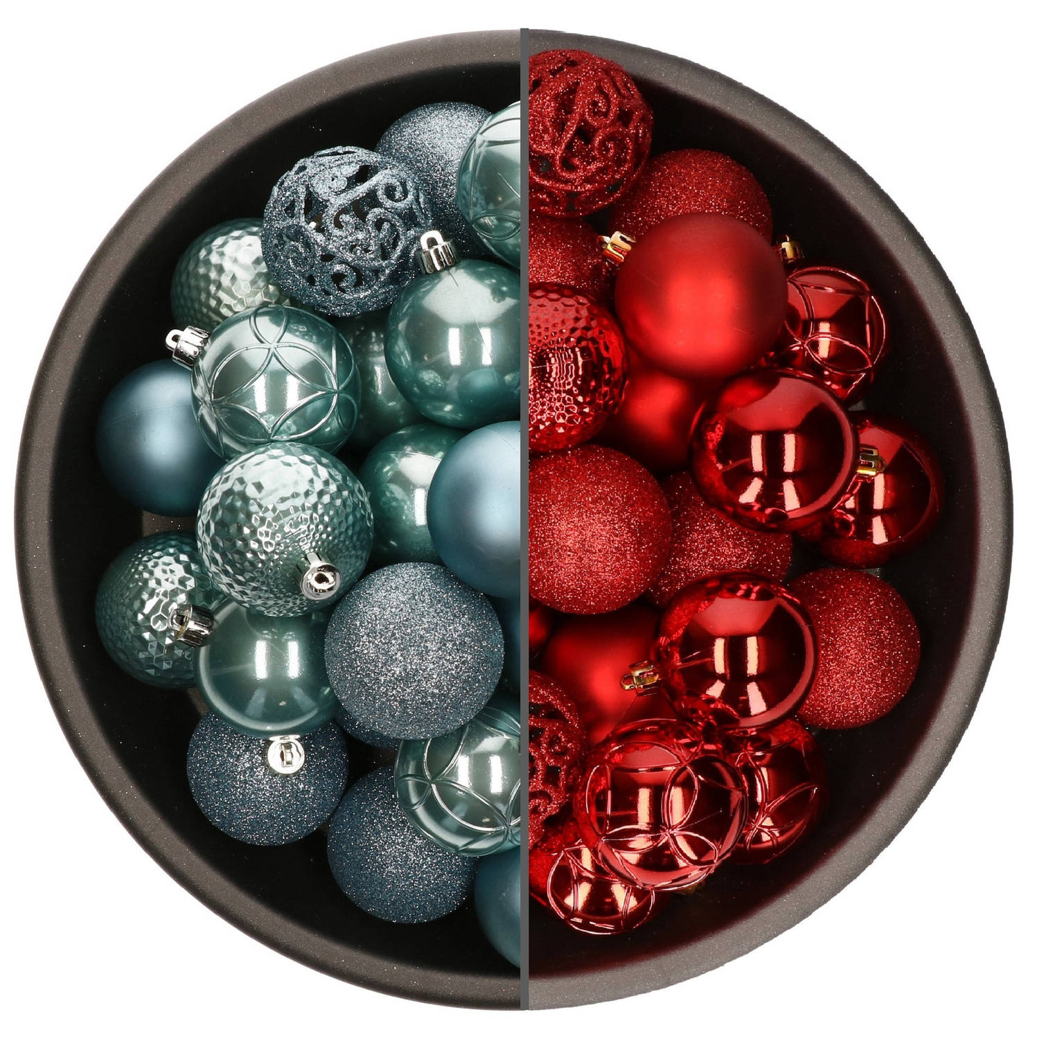 74x stuks kunststof kerstballen mix van rood en ijsblauw 6 cm - Kerstbal