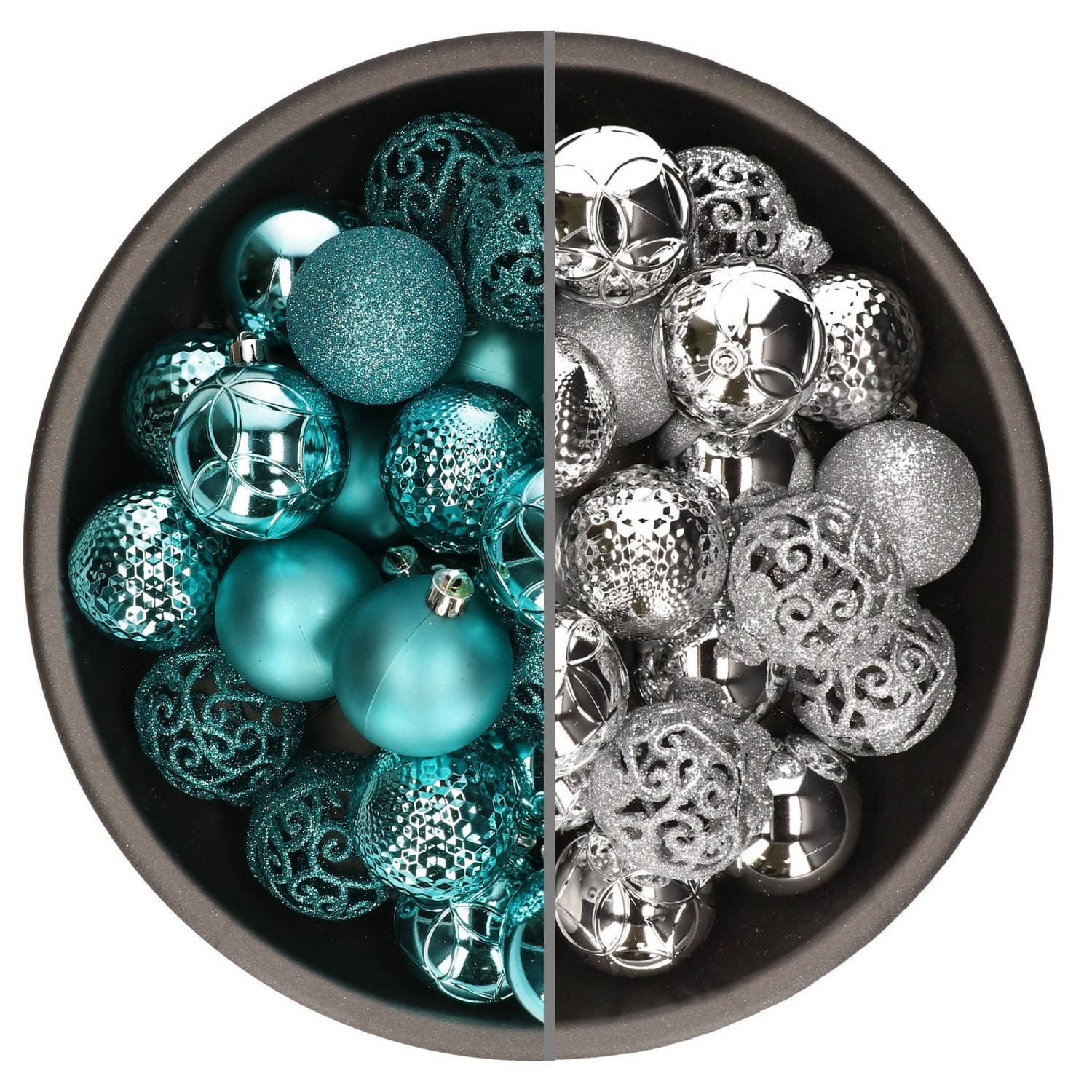 74x stuks kunststof kerstballen mix van turquoise blauw en zilver 6 cm - Kerstbal