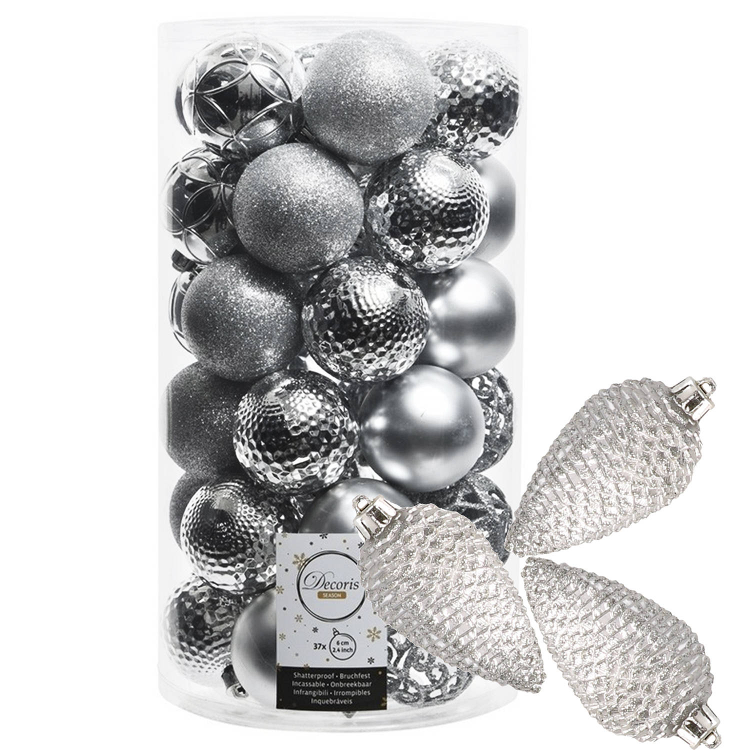 43x stuks kunststof kerstballen en dennenappel ornamenten zilver - Kerstbal