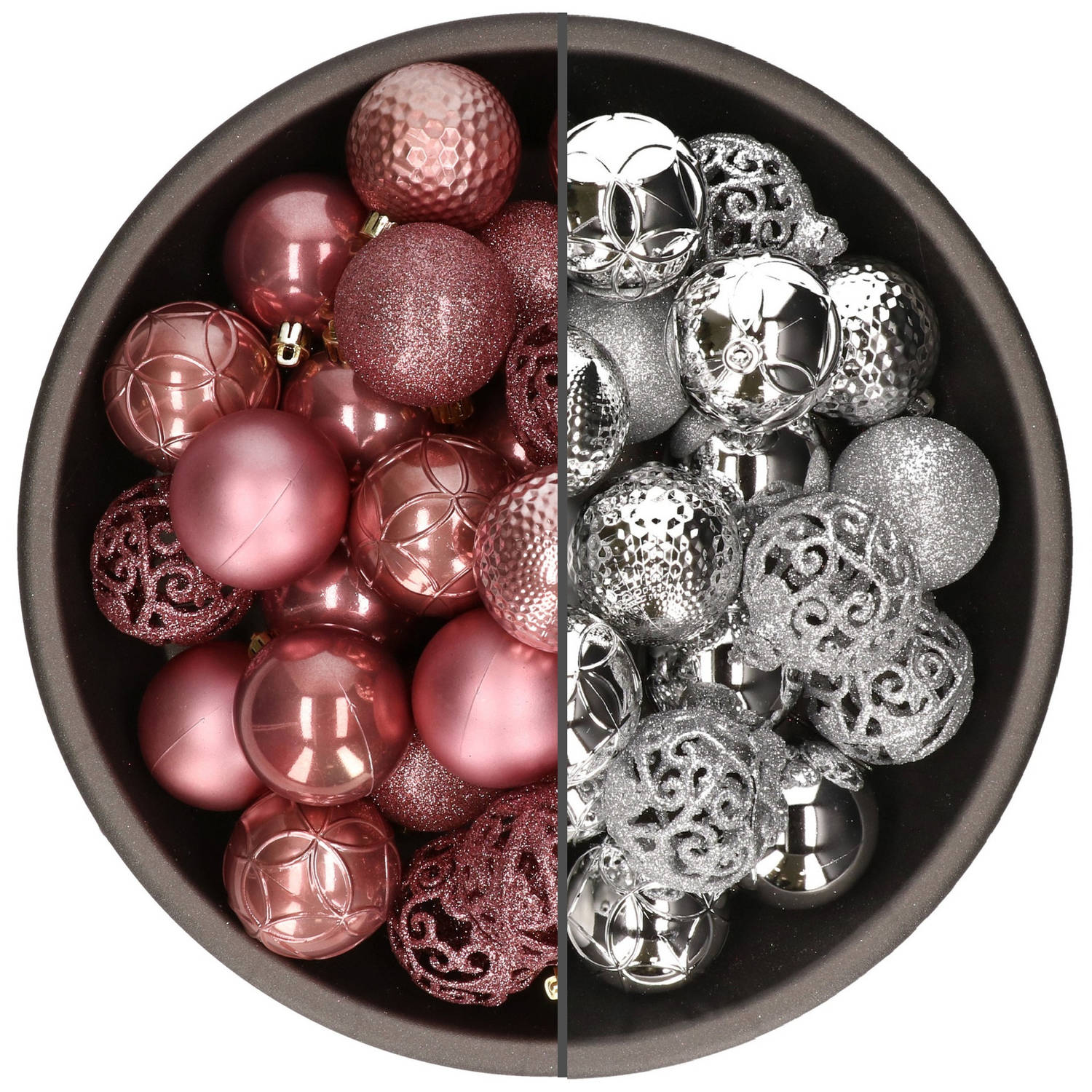 74x stuks kunststof kerstballen mix van velvet roze en zilver 6 cm - Kerstbal