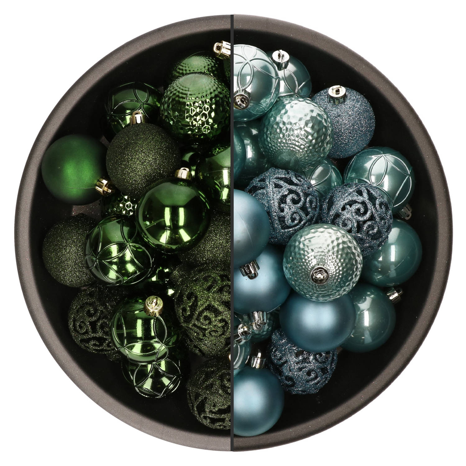 74x stuks kunststof kerstballen mix van ijsblauw en donkergroen 6 cm - Kerstbal