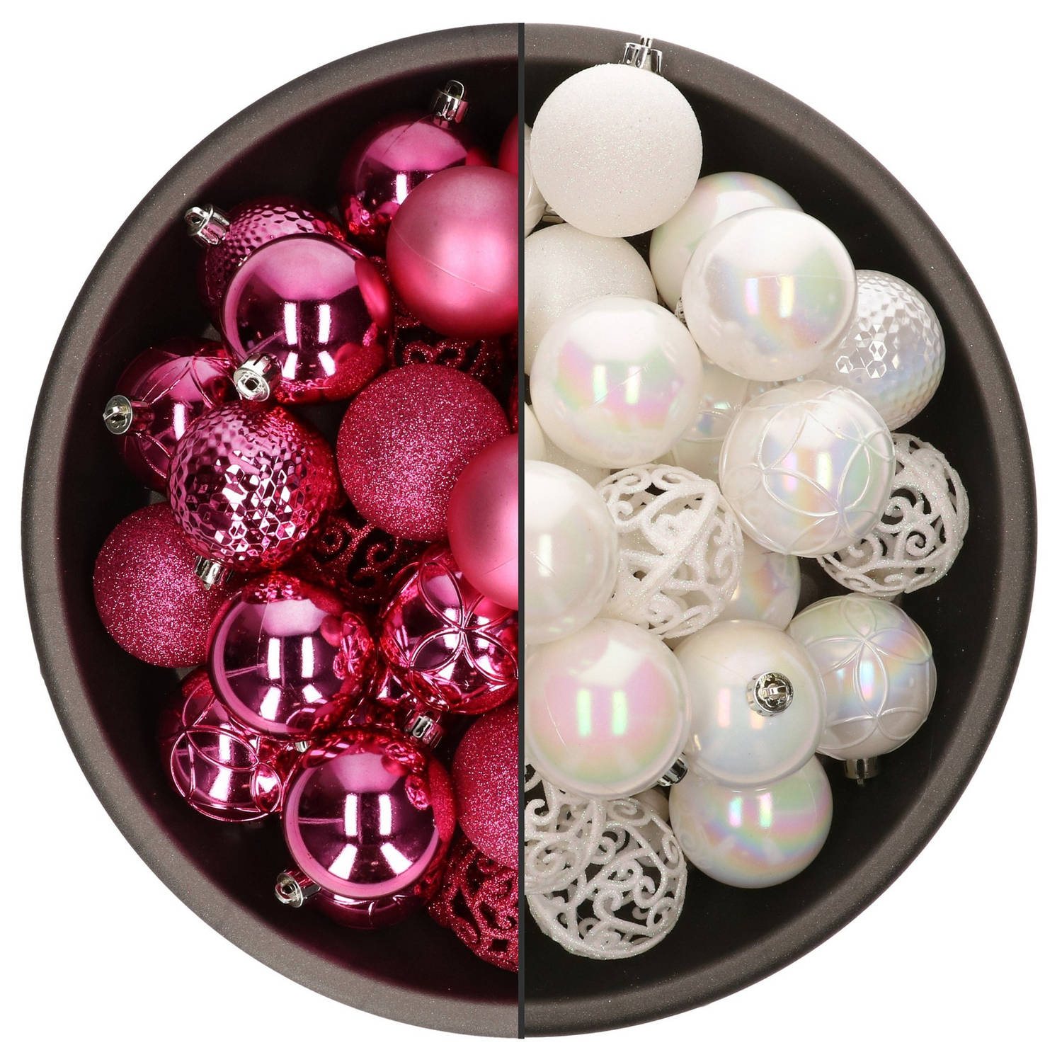 74x stuks kunststof kerstballen mix van fuchsia roze en parelmoer wit 6 cm - Kerstbal