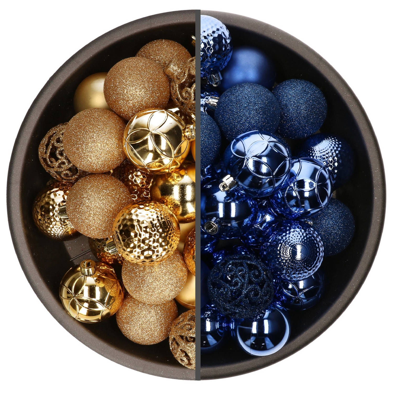 74x stuks kunststof kerstballen mix van goud en kobalt blauw 6 cm - Kerstbal