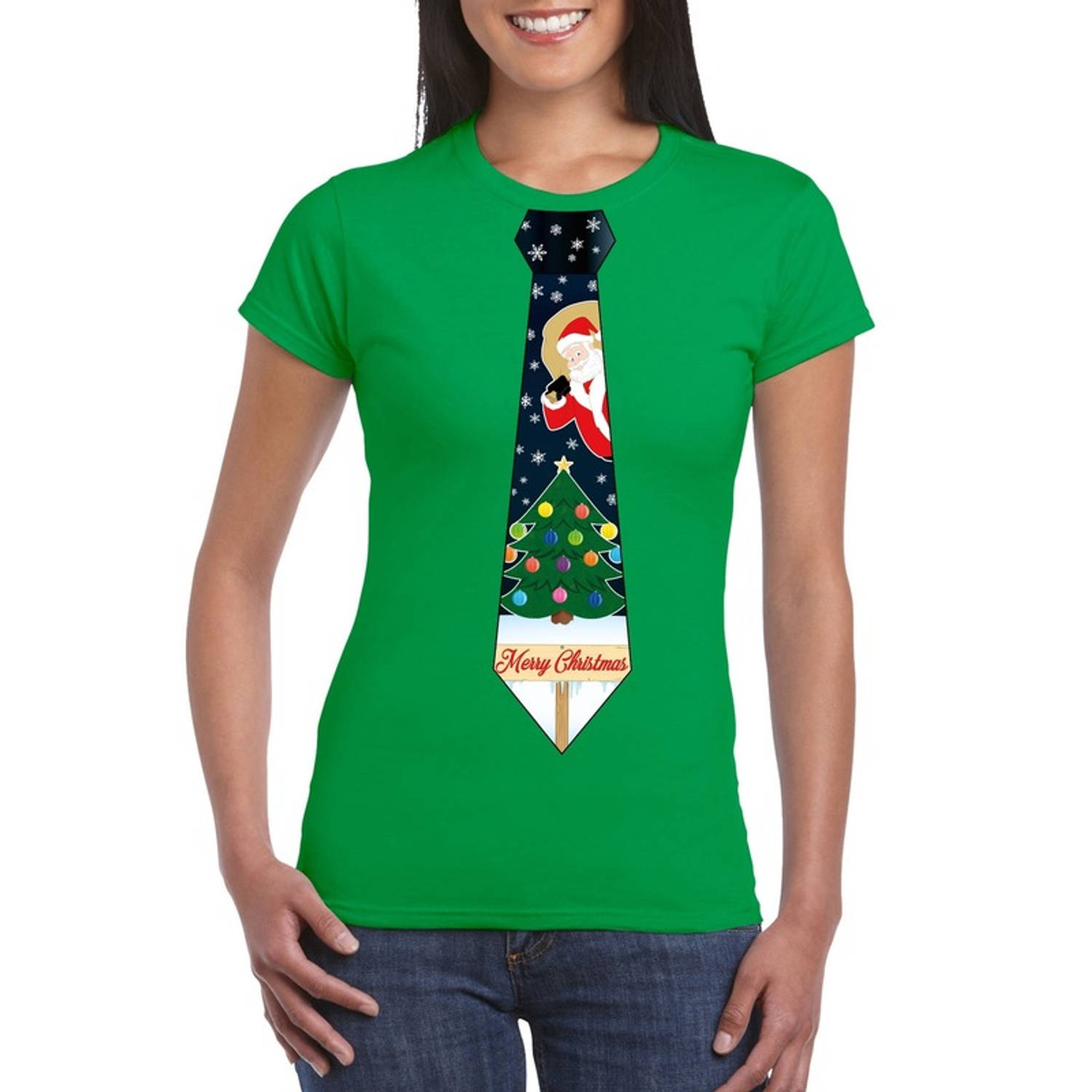 Fout Kerst shirt groen kerstboom stropdas voor dames XS - kerst t-shirts