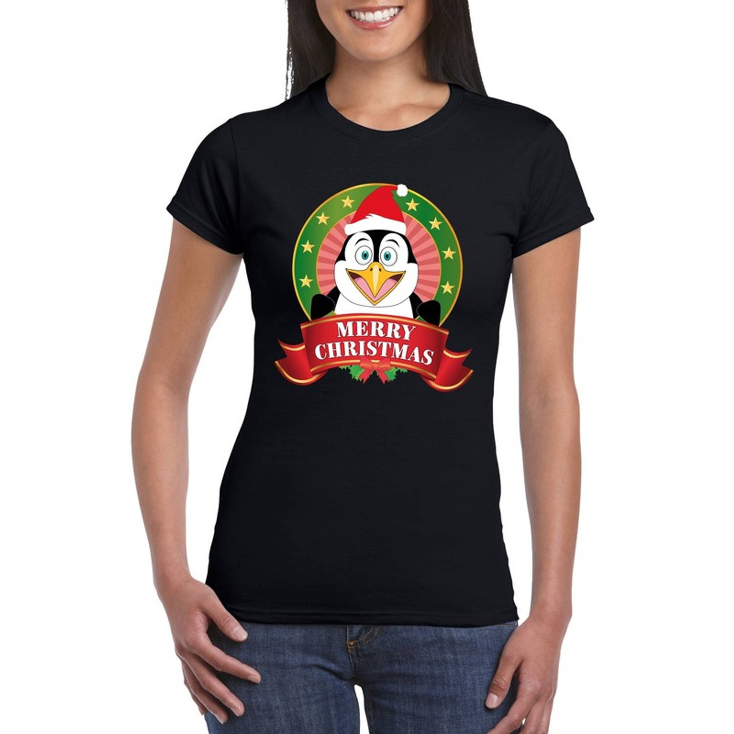 Fout Kerstmis shirt zwart met pinguin print voor dames 2XL - kerst t-shirts