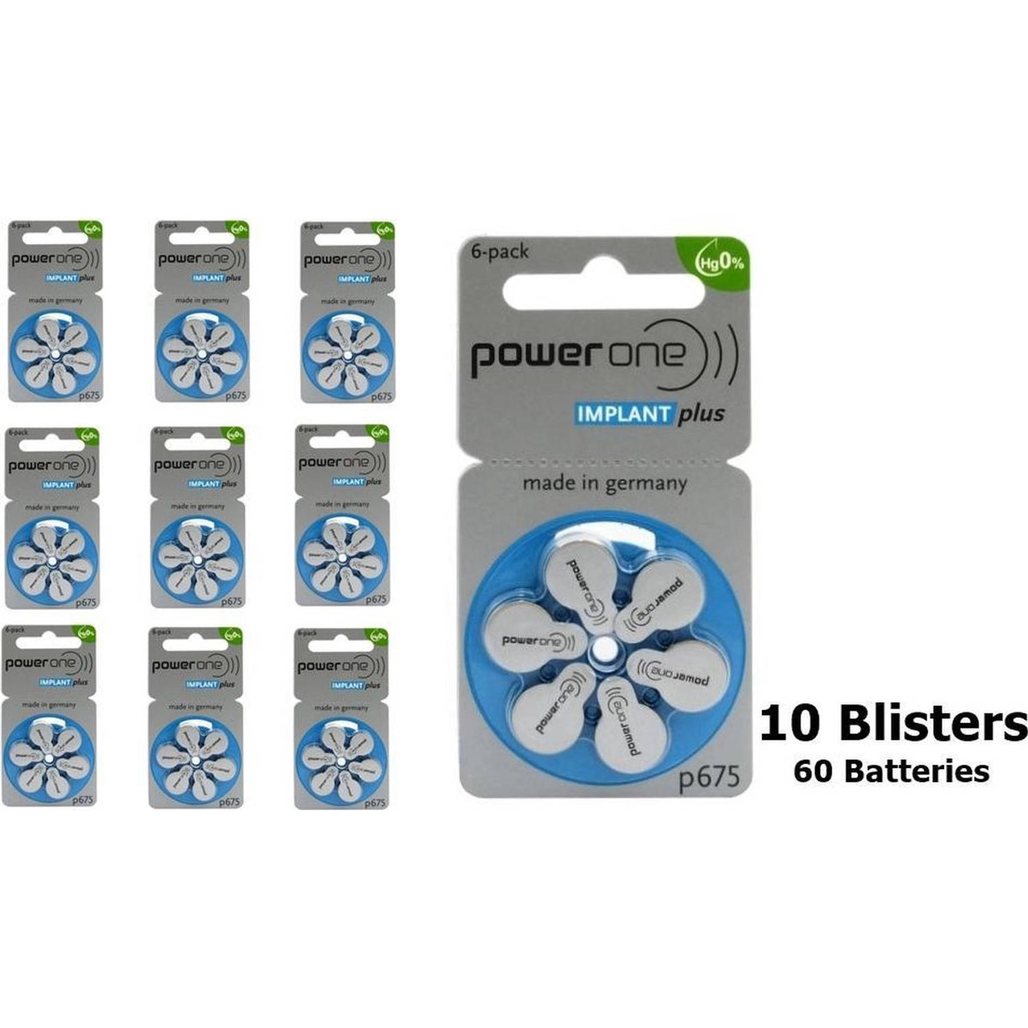 60 Stuks (10 Blisters a 6st) - Power One by VARTA 675 IMPLANT Plus Gehoorapparaat batterijen
