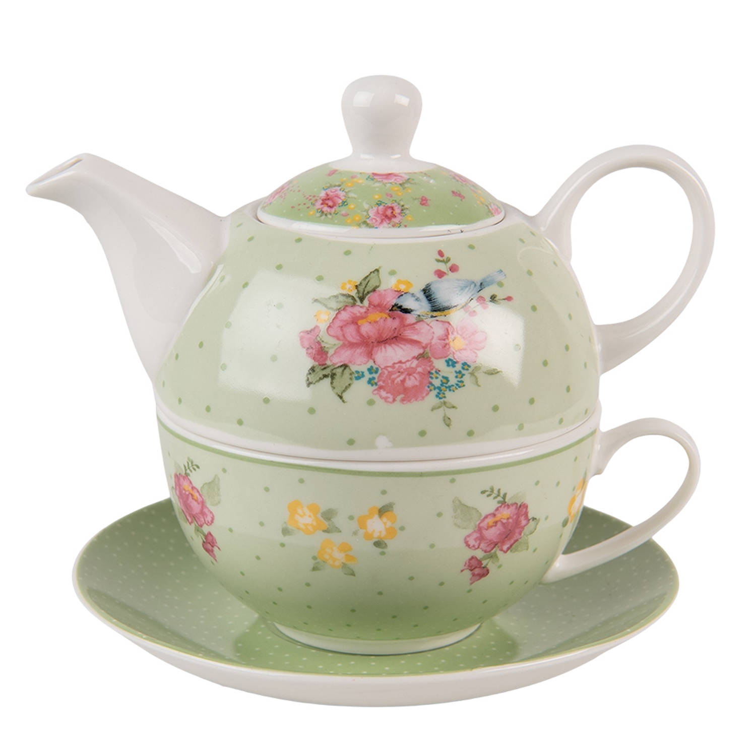 Clayre & Eef Tea For One 460 Ml Groen Beige Porselein Bloemen Theepot Set Cadeau Voor Haar Theepot M