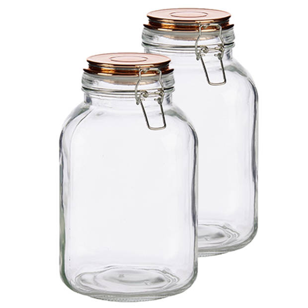 Set van 2x stuks glazen luxe keuken voorraadpotten/voorraadbussen met klepdeksel koper 3000 ml - Voorraadpot